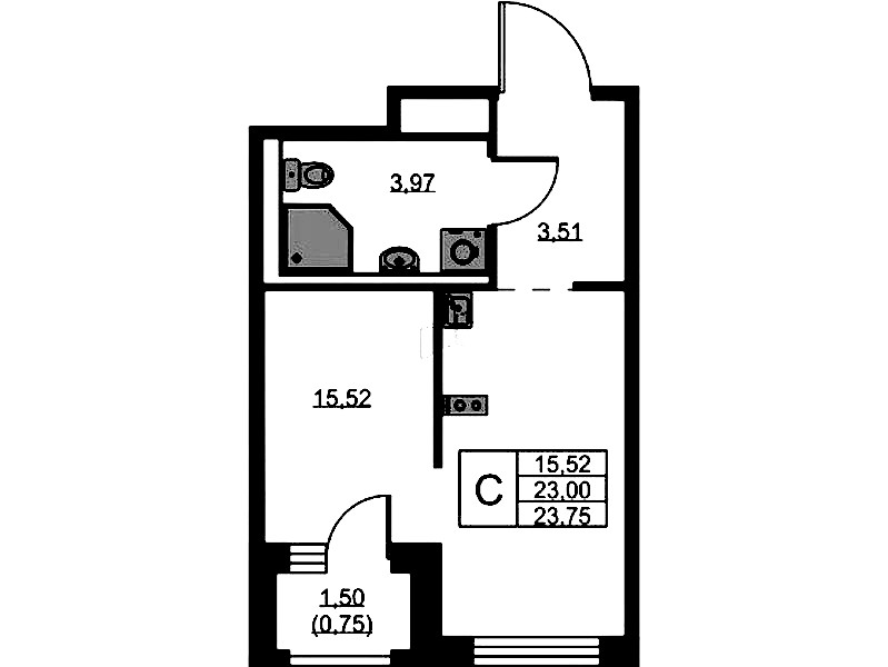 Квартира студия 23.75 м², 1/9 эт., ЖК «GloraX Новоселье»
